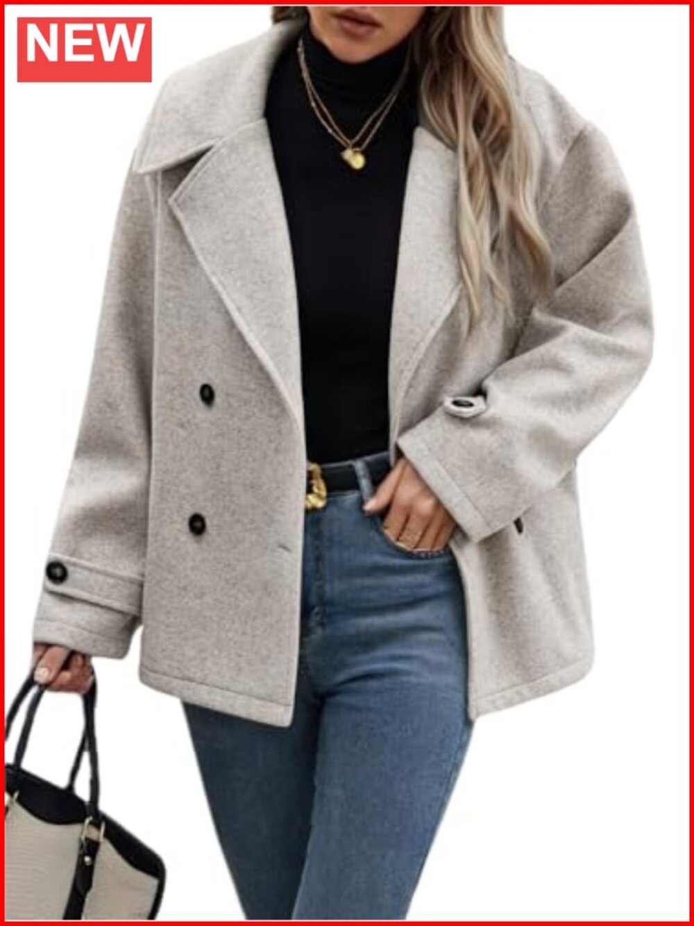 Women Wool Blend Cropped Pea Coat Notch Collar Button Down Long Sleeve
